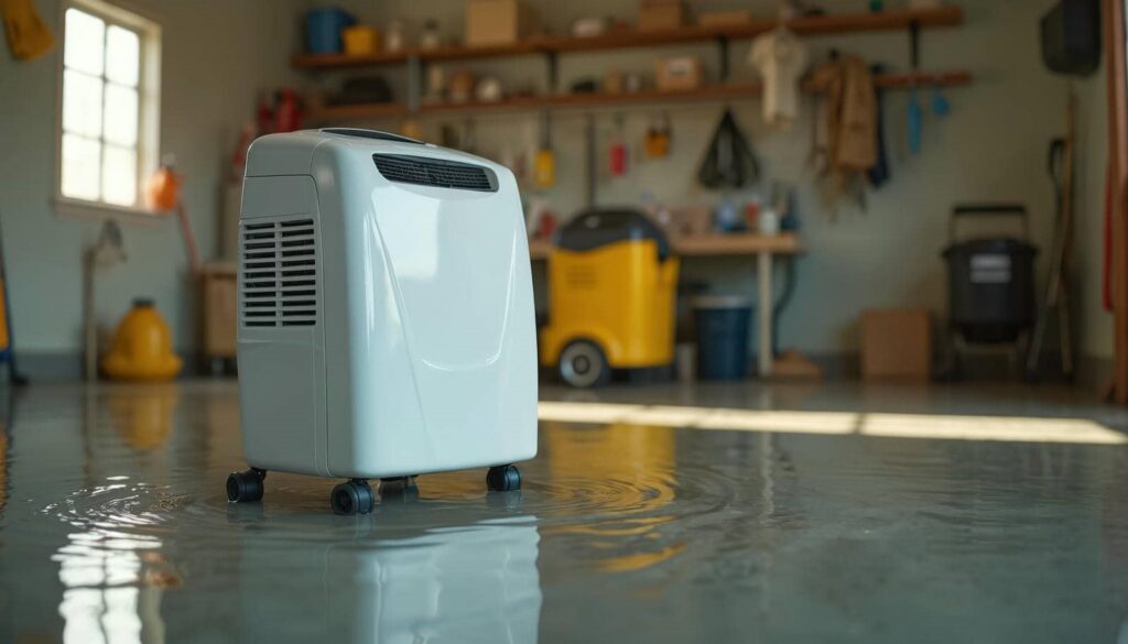 Portable dehumidifier on wheels in a flooded room with water covering the floor.