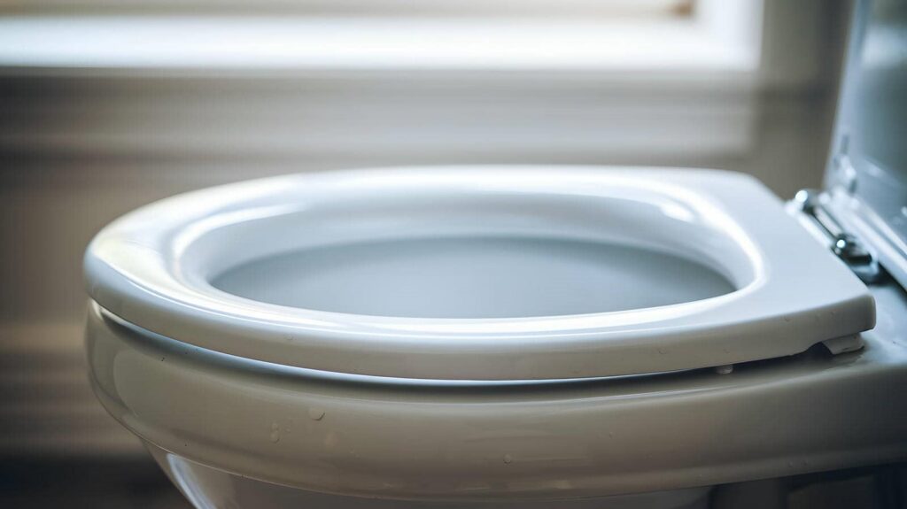 Close-up of a white toilet seat with the lid open.