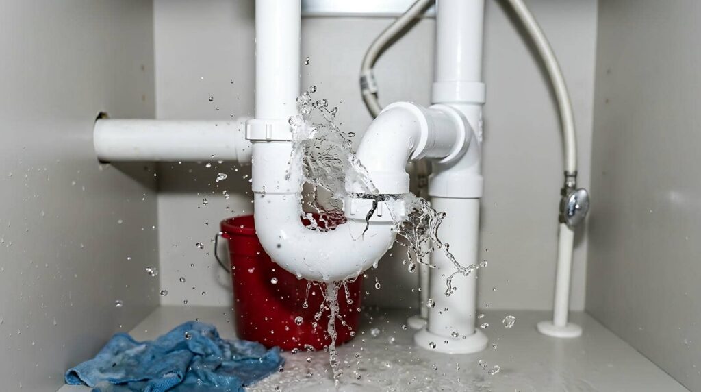 Burst pipe under a sink spraying water.