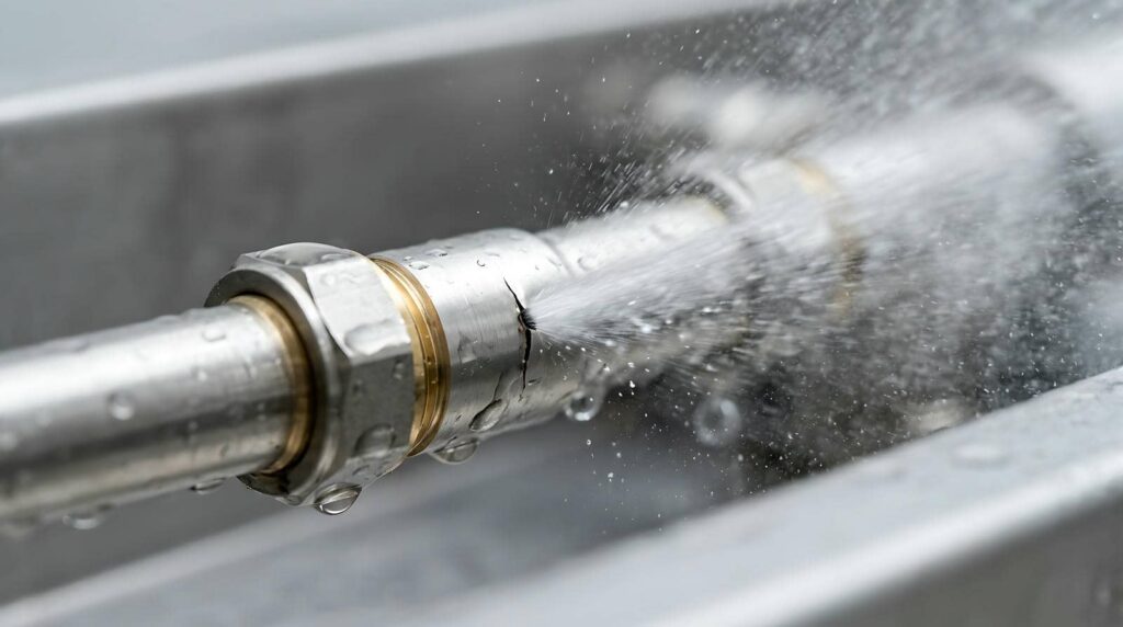 Burst pipe spraying water in a sink.