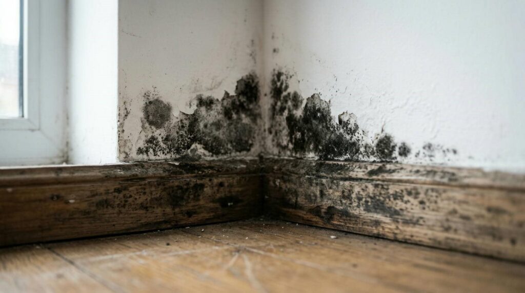 Black mold growing on the corner of a white wall and wooden baseboard near a window.