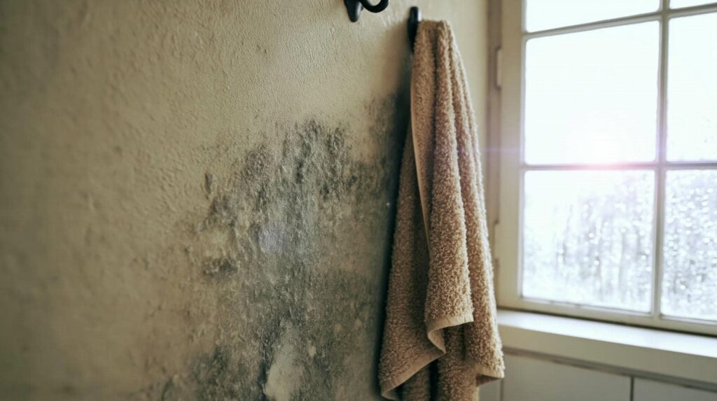 Mold growth on a bathroom wall next to a hanging beige towel and a window.