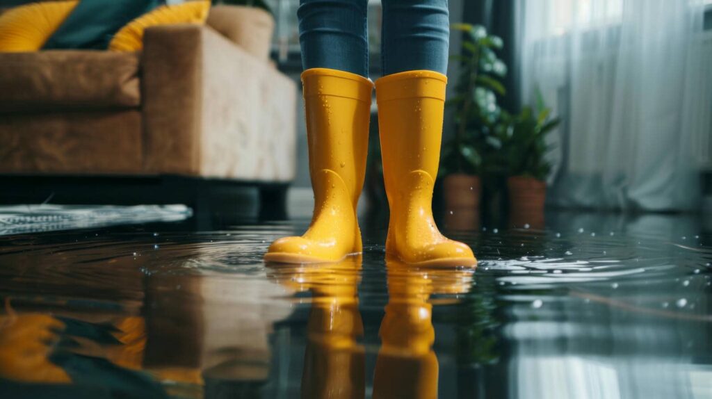 Person wearing yellow rain boots standing in a flooded room with water on the floor.