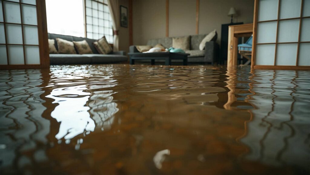 Flooded living room with water covering the floor.