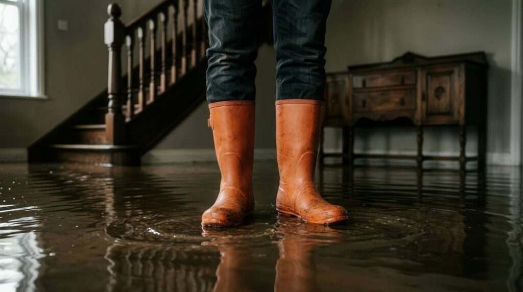 Person standing in floodwater indoors wearing orange rain boots.