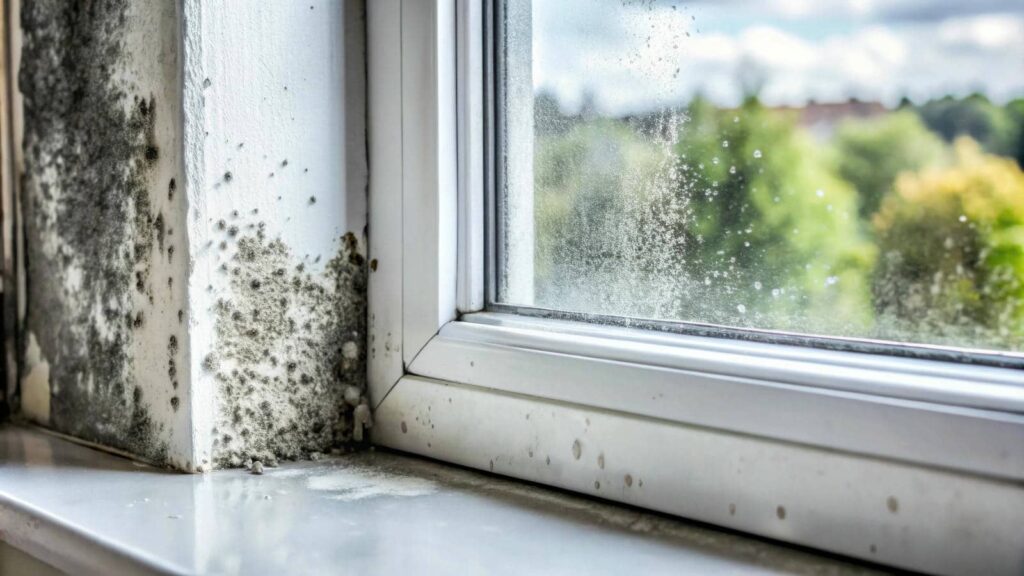 Black mold growing on the corner of a white window frame and sill.