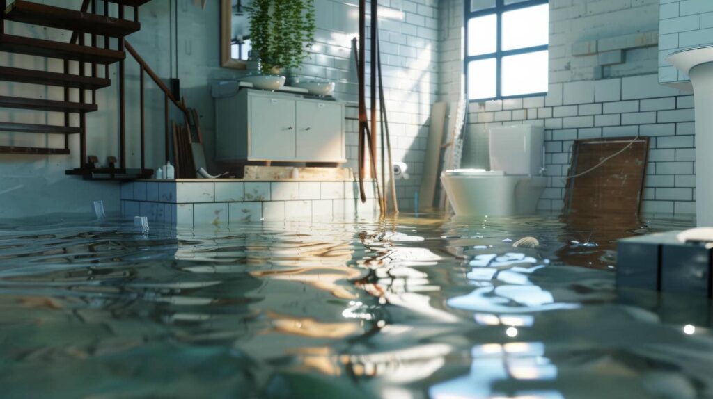 Bathroom flooded with water covering the floor and partially submerging fixtures.