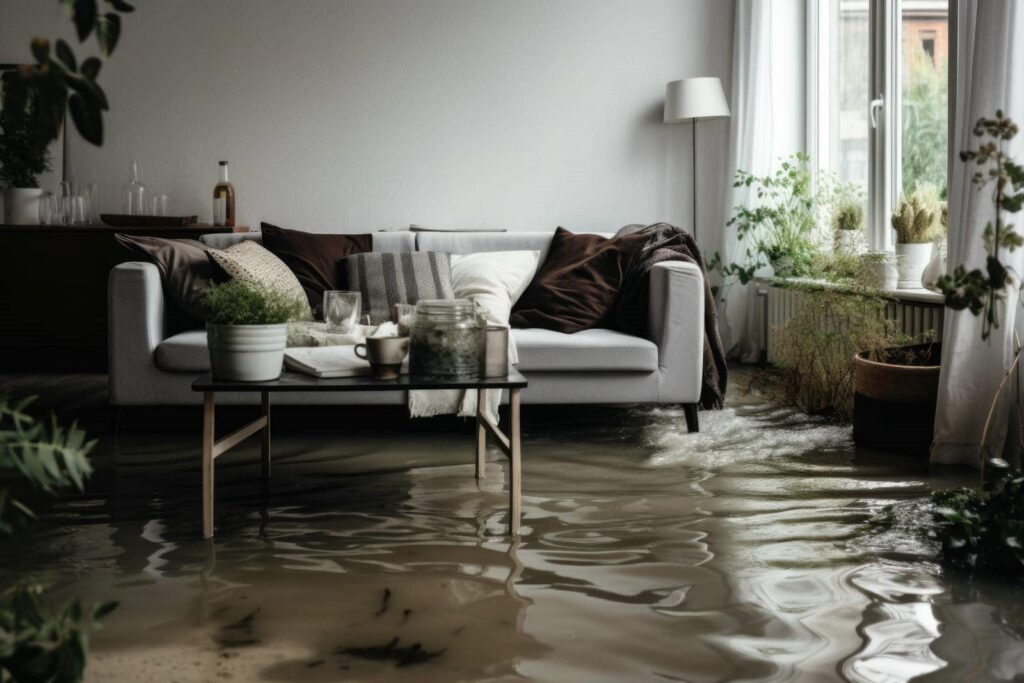 Living room flooded with water reaching the sofa legs, with plants and a coffee table partially submerged.