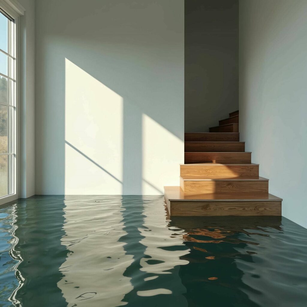 Wooden stairs partially submerged in floodwater inside a room with sunlight streaming through a window.