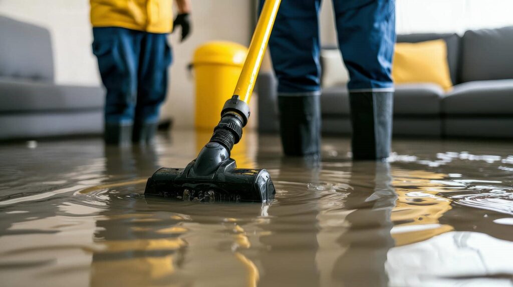 Two people in boots using a vacuum to remove water from a flooded living room.