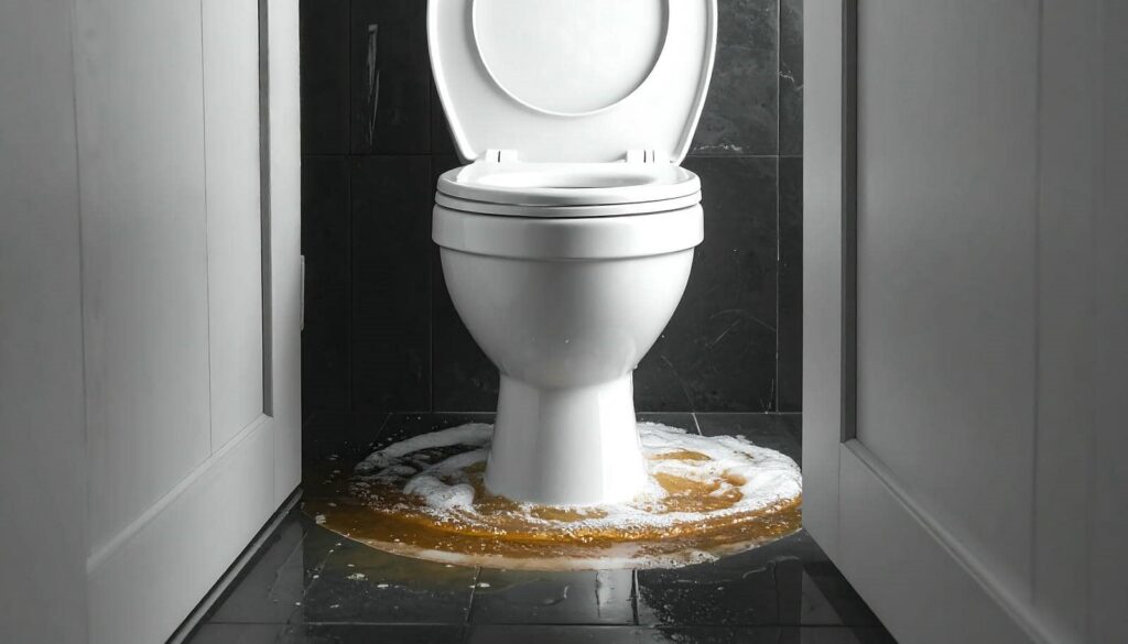 Toilet overflowing with brown water and foam on a black tiled floor.