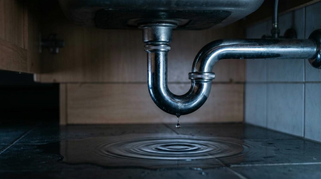 Leaking metal pipe under a sink with a water droplet falling and ripples on the floor.