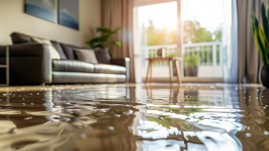 Water flooding the floor of a living room with a sofa and a small table near a large window.