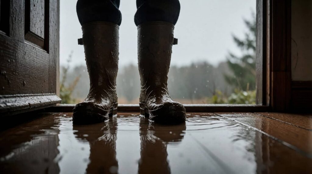 Rain boots standing in a puddle at an open doorway.