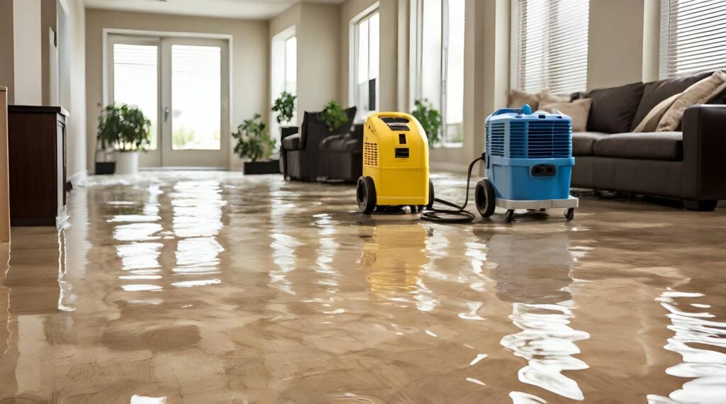Flooded living room with water damage drying machines on the floor near a sofa.