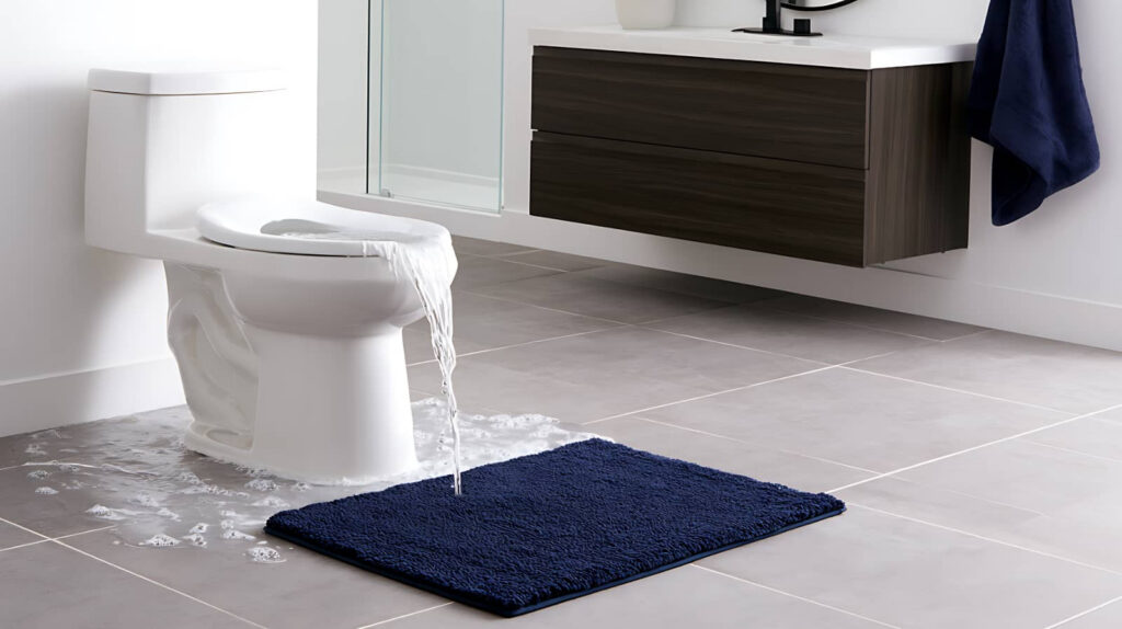 Overflowing toilet flooding a bathroom floor.