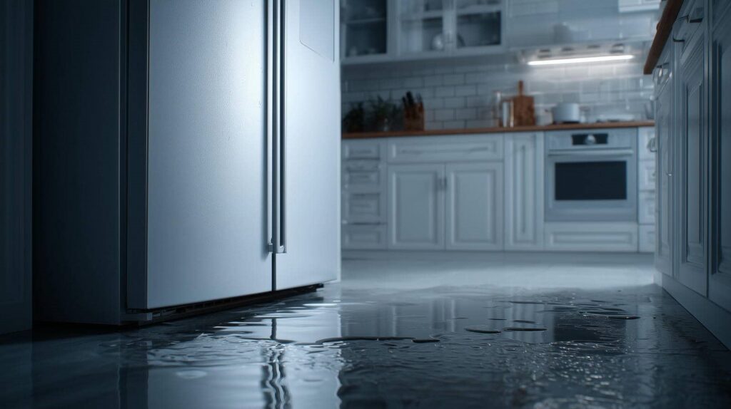 Water leaking and pooling on a kitchen floor near a closed refrigerator.
