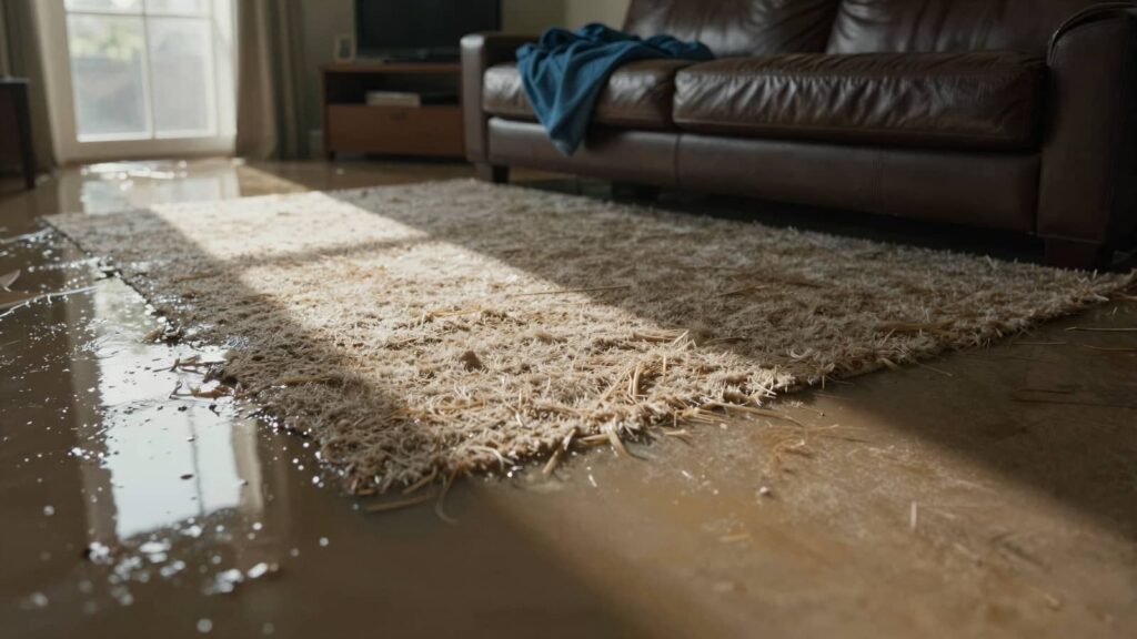 Floodwater covering a living room floor beside a sofa and rug.