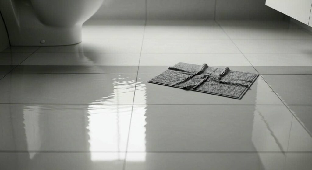 Water pooling on a tiled bathroom floor near a toilet with a small mat beside it.