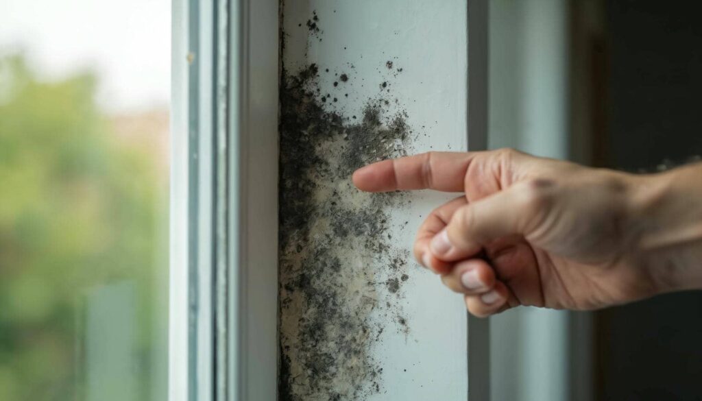 Hand pointing at black mold growing on a white window frame.