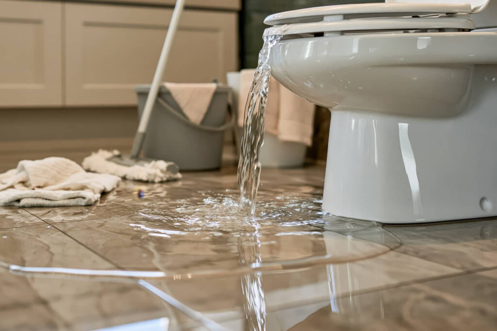 Overflowing toilet flooding a bathroom floor.