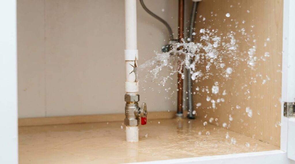 Burst pipe spraying water inside a cabinet.