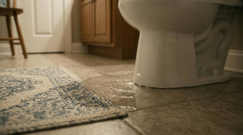 Water leaking from a toilet onto a bathroom floor.