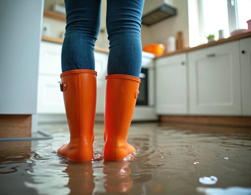 Person wearing orange rain boots standing in a flooded kitchen with water covering the floor.