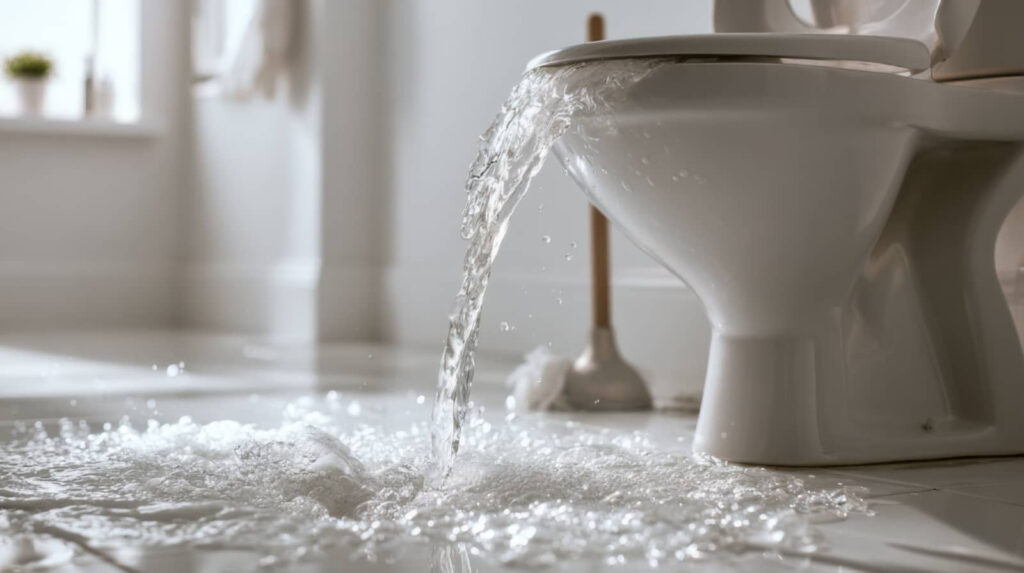 Overflowing toilet spilling water onto bathroom floor.