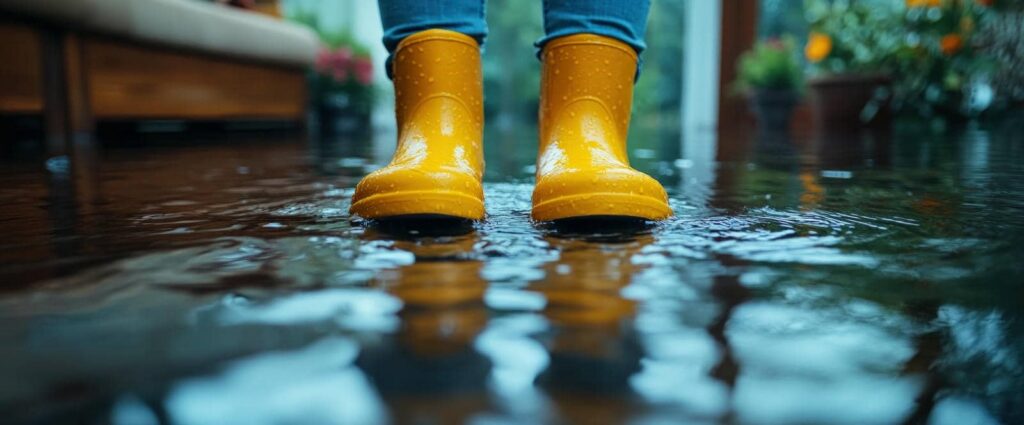 Yellow rain boots standing in a shallow puddle indoors with water reflections.