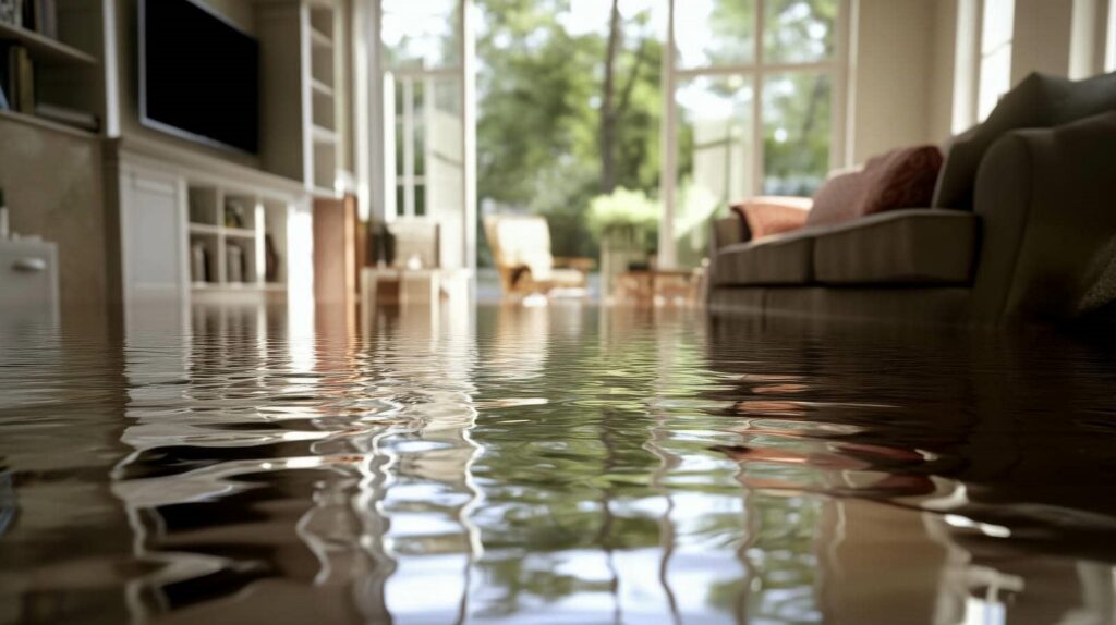 Living room flooded with water reflecting furniture and windows.