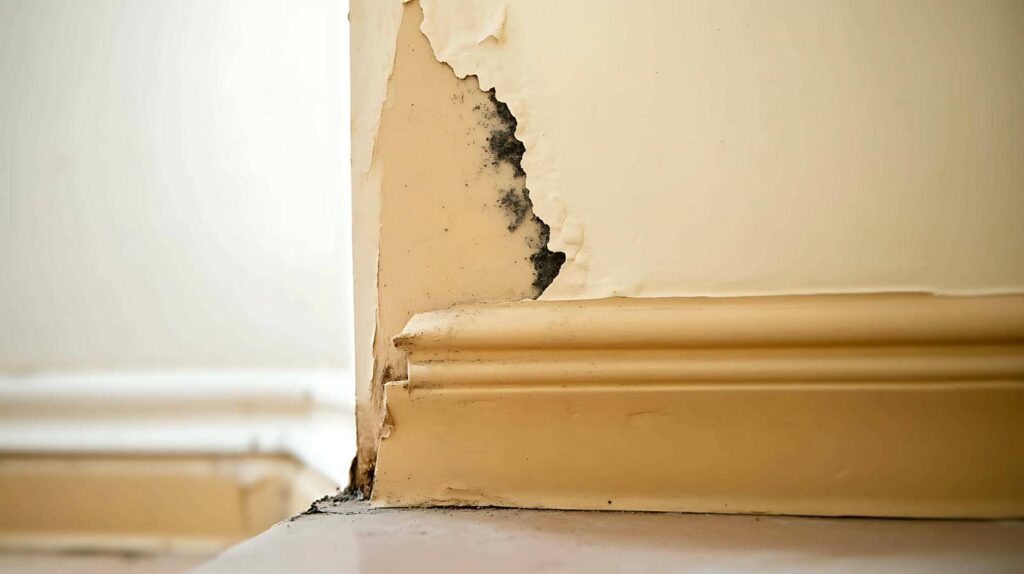 Peeling paint and black mold on a beige wall corner near the baseboard.