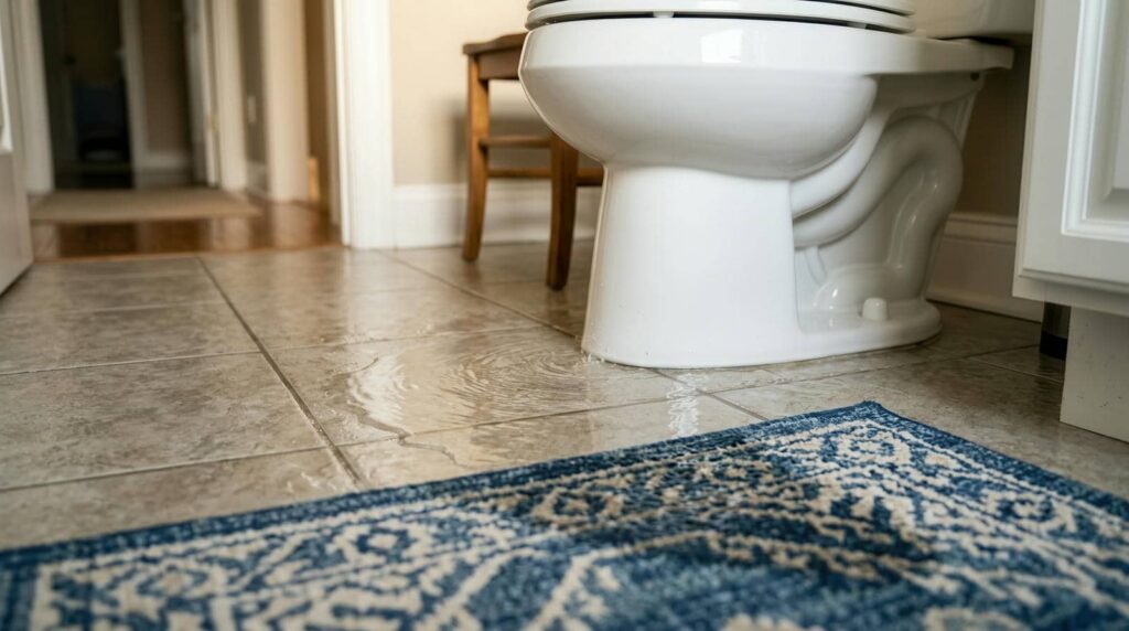 Water leaking around a toilet on a tiled bathroom floor.