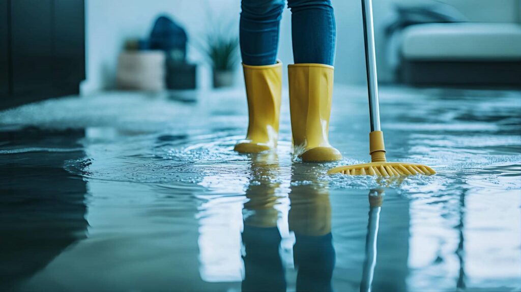 Person wearing yellow boots standing in a flooded room using a mop to clean up water.