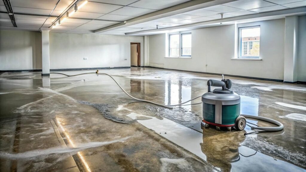 Concrete floor grinding machine smoothing a wet concrete floor in an empty room.