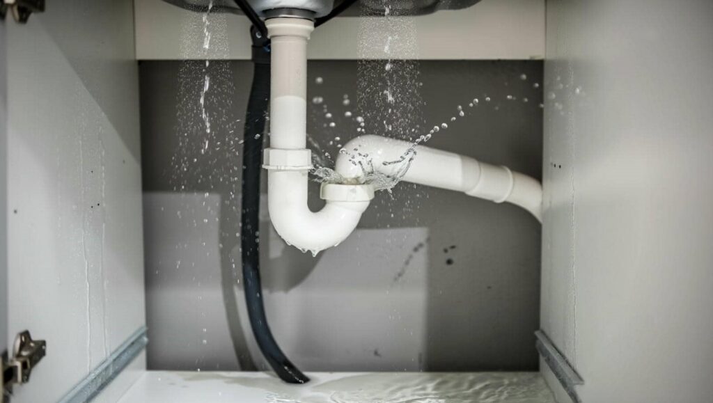 Leaking white PVC pipe under a sink with water spraying out and pooling below.