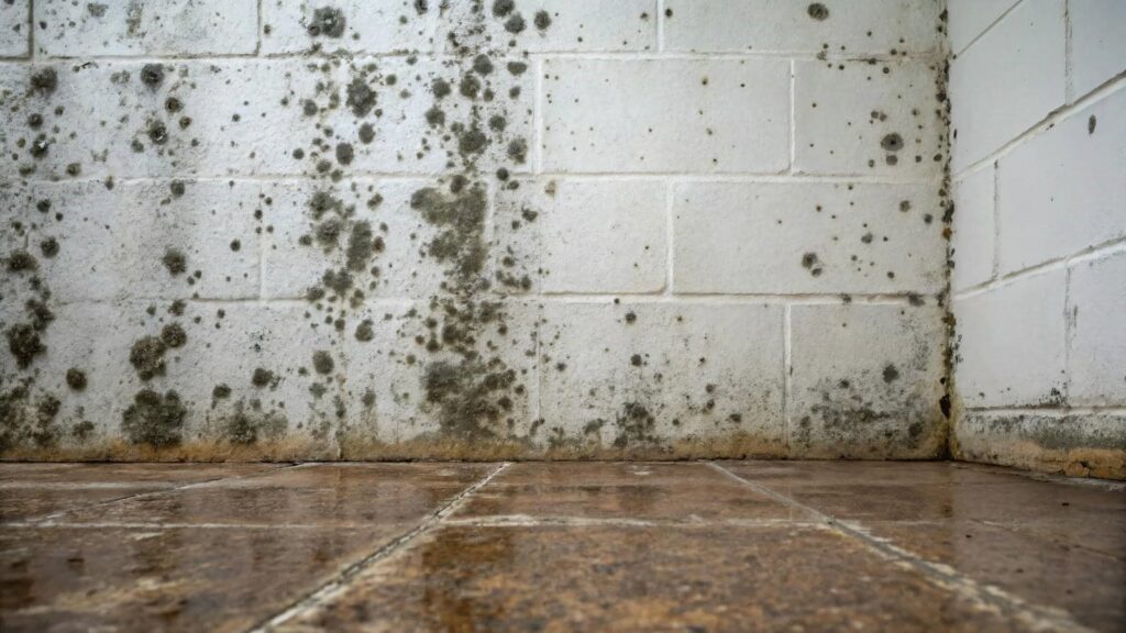 Mold growth on white brick walls near a tiled floor corner.