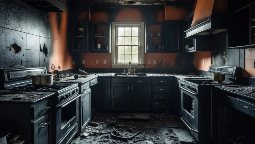 Fire-damaged kitchen with soot-covered cabinets, countertops, and debris on the floor.