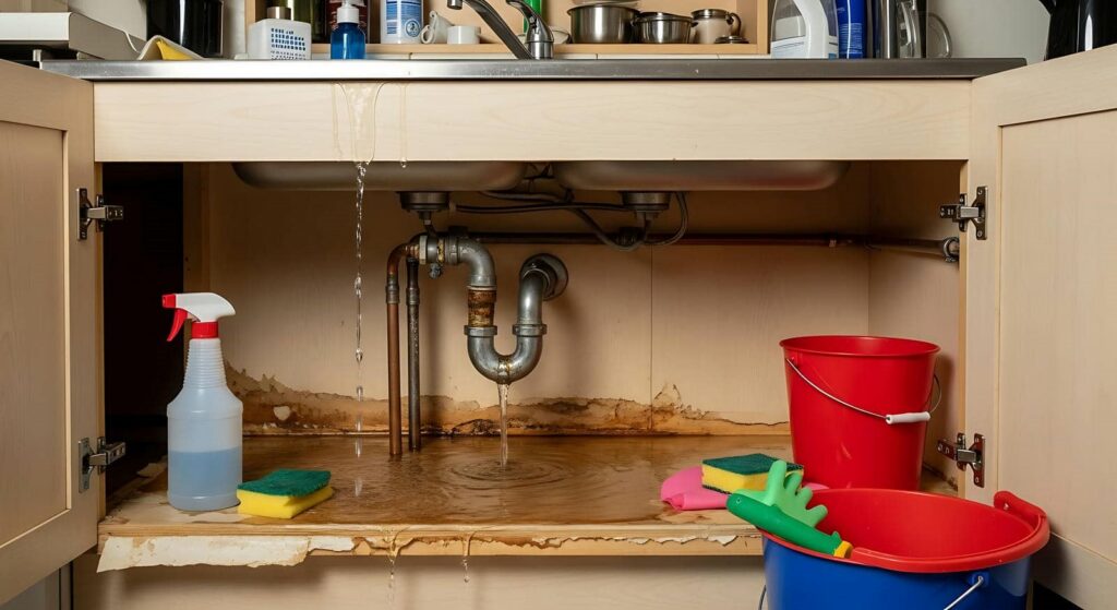 Leaking water pipes under a kitchen sink with buckets and cleaning sponges inside the cabinet.