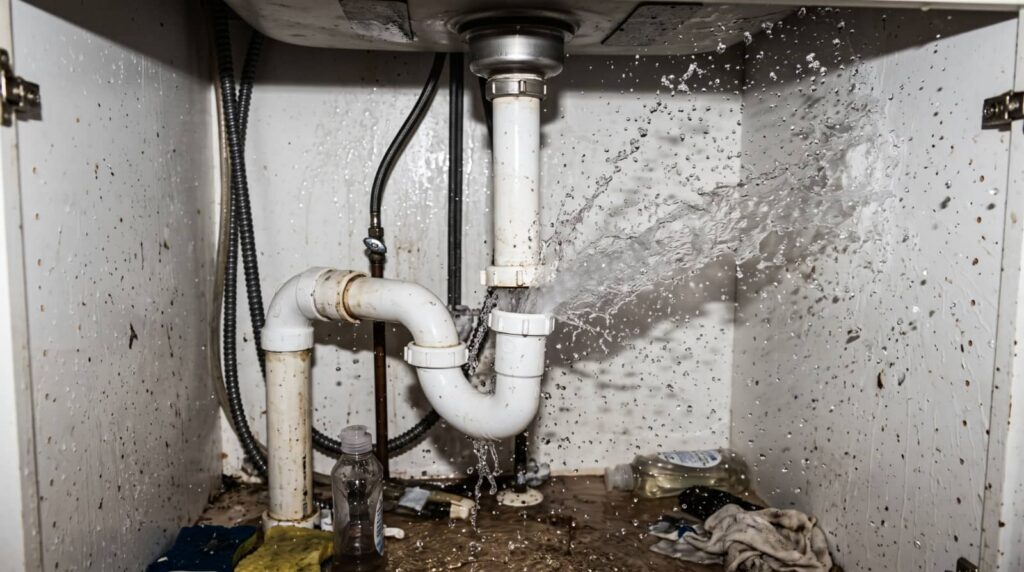 Burst under-sink pipe spraying water inside a cabinet.