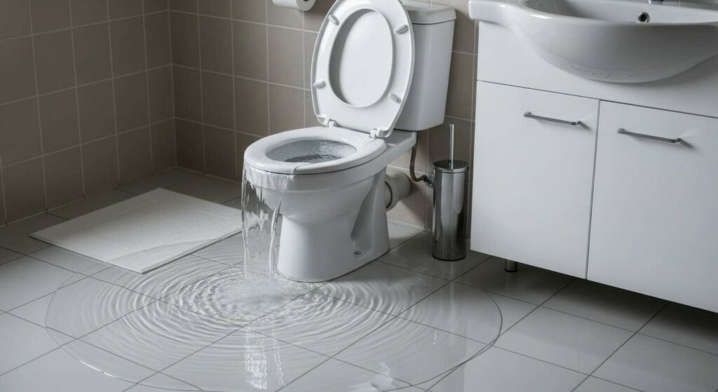 Toilet overflowing with water flooding the bathroom floor.