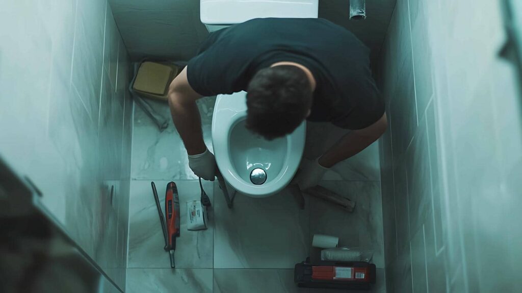 Man repairing a toilet in a small tiled bathroom with tools on the floor.