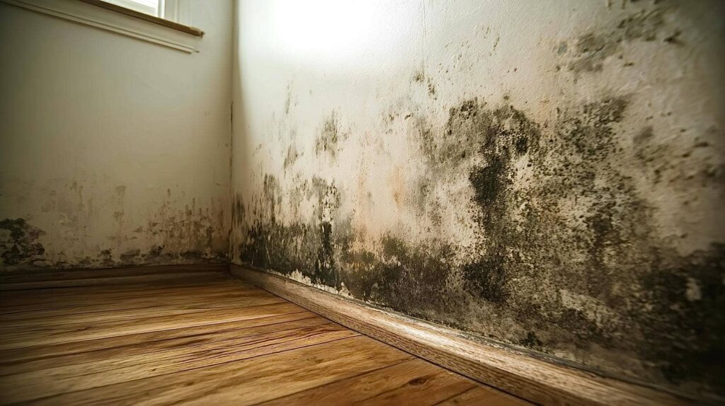 Corner of a room with extensive black mold growth on the lower walls above a wooden floor.