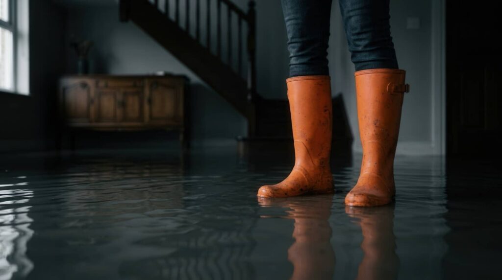 Orange rain boots standing in flooded indoor water.