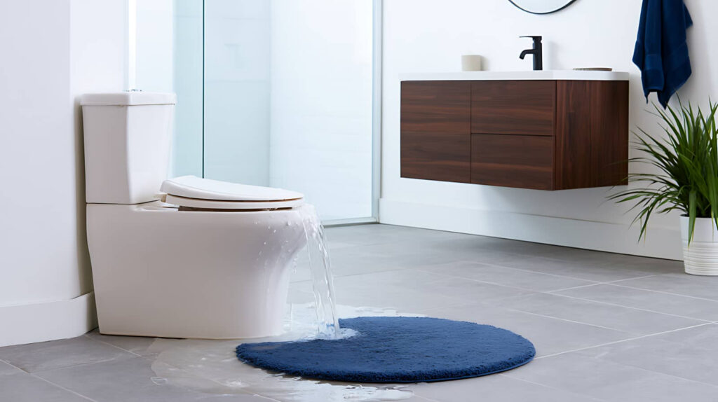 Overflowing toilet flooding a modern bathroom.