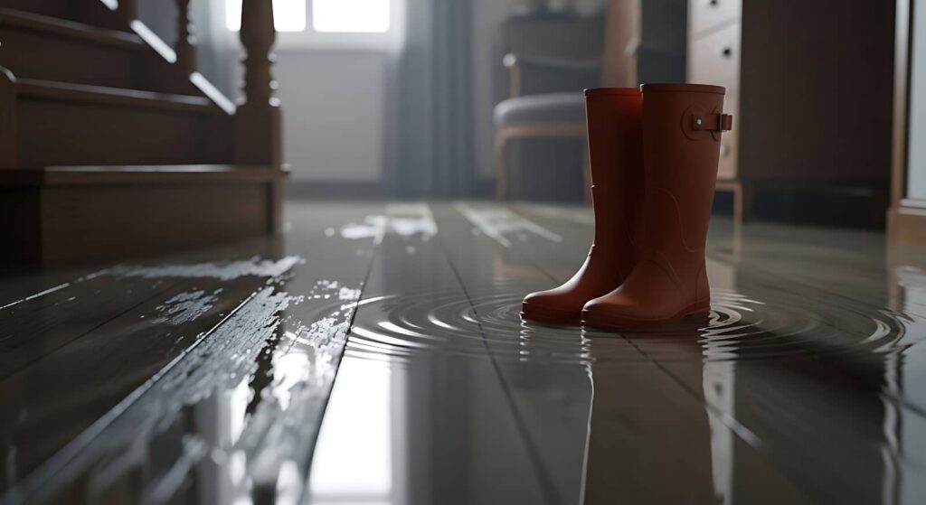 Red rain boots standing in a flooded room.