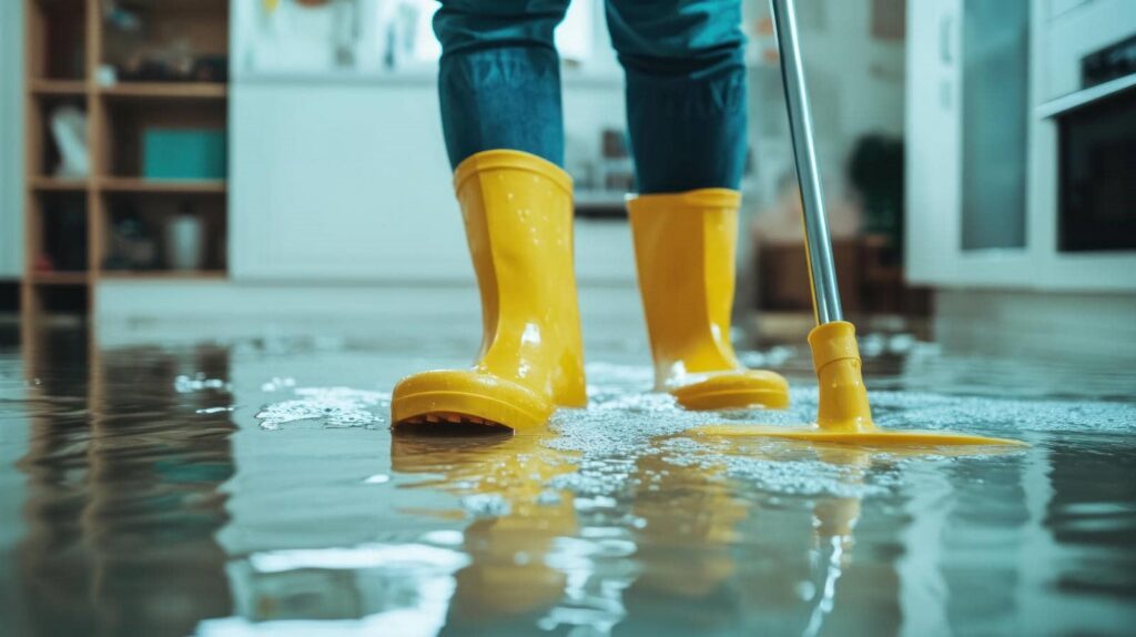 Person in yellow rain boots mopping a flooded kitchen floor.