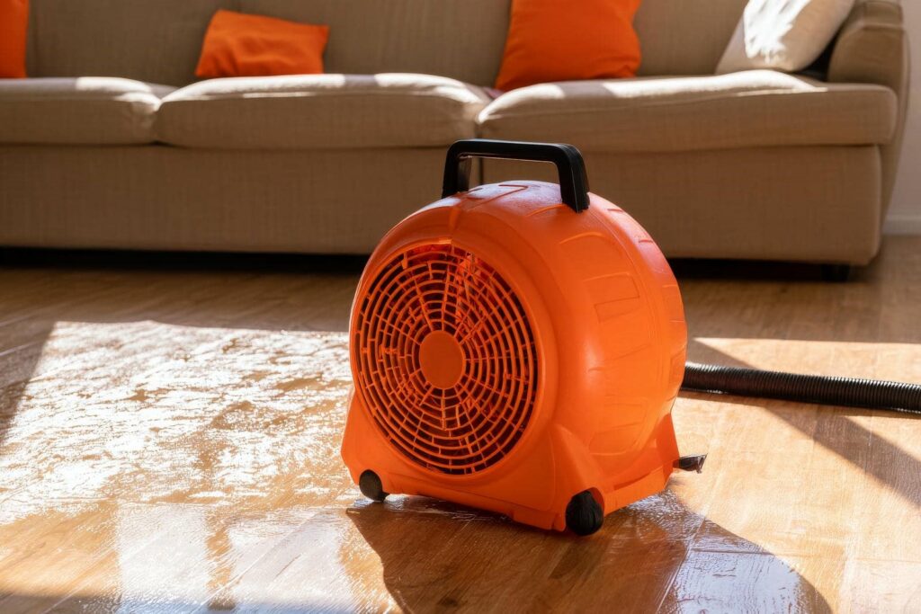 Orange air mover fan drying a wet wooden floor in a living room with a beige couch in the background.