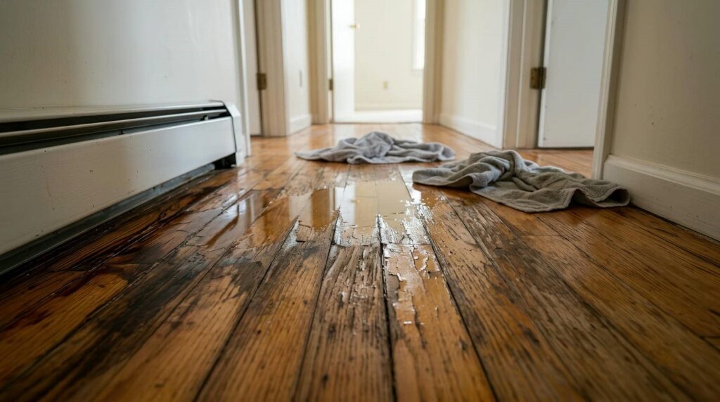 Water-damaged wooden floor with peeling finish and two wet towels in a hallway.