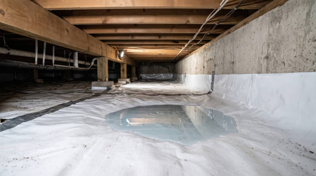 Crawlspace with standing water on a plastic vapor barrier.